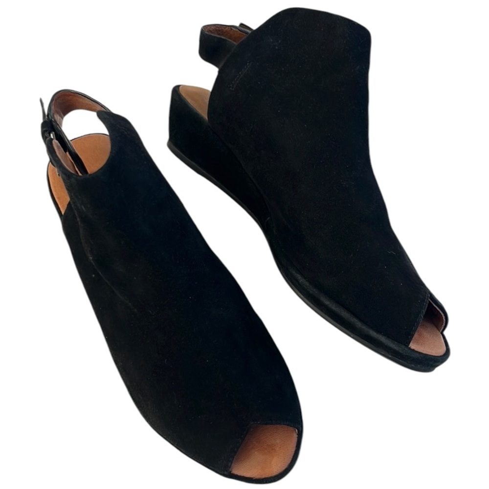 Gentle Souls Black Peep Toe Wedge Sandals